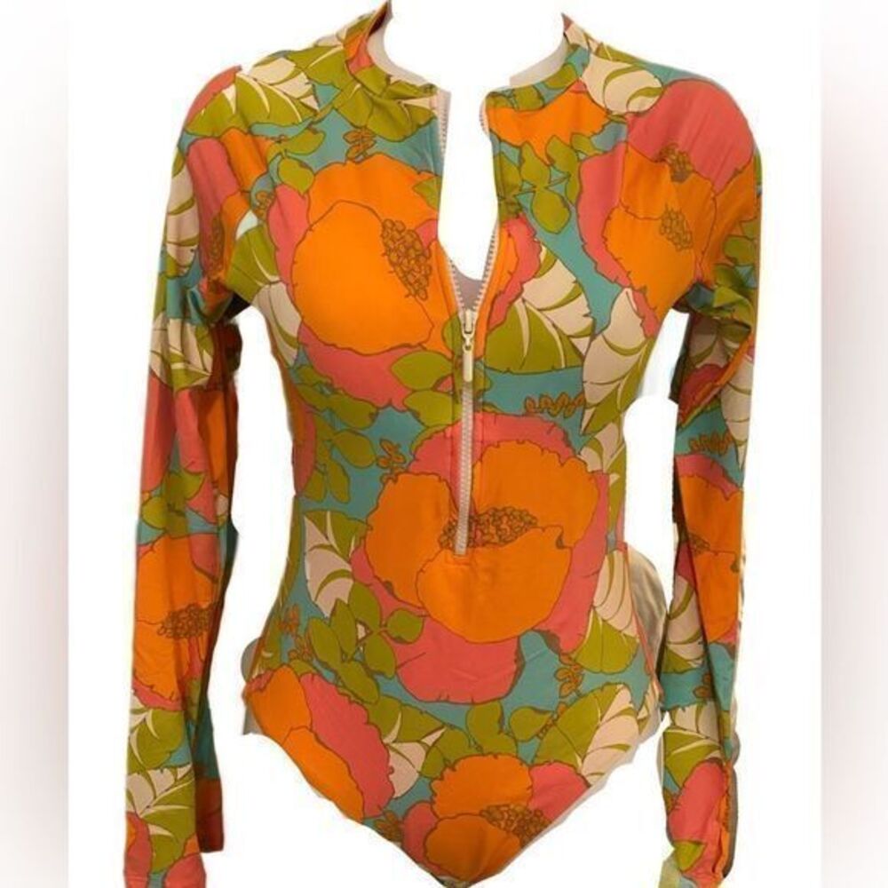 Trina Turk Rashguard Swimsuit-S orange.aqua print.,nylon spandex